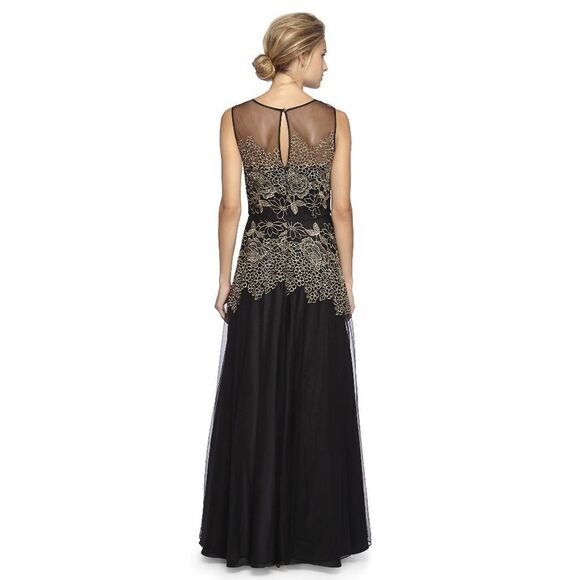 New! TAHARI ASL Women's Floral Embroidered Illusion Gown Black Gold Sleeveless - Picture 5 of 7